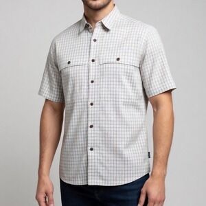 Patagonia Mens Short Sleeve Plaid Button Down Shirt Tan Green Hiking Size M